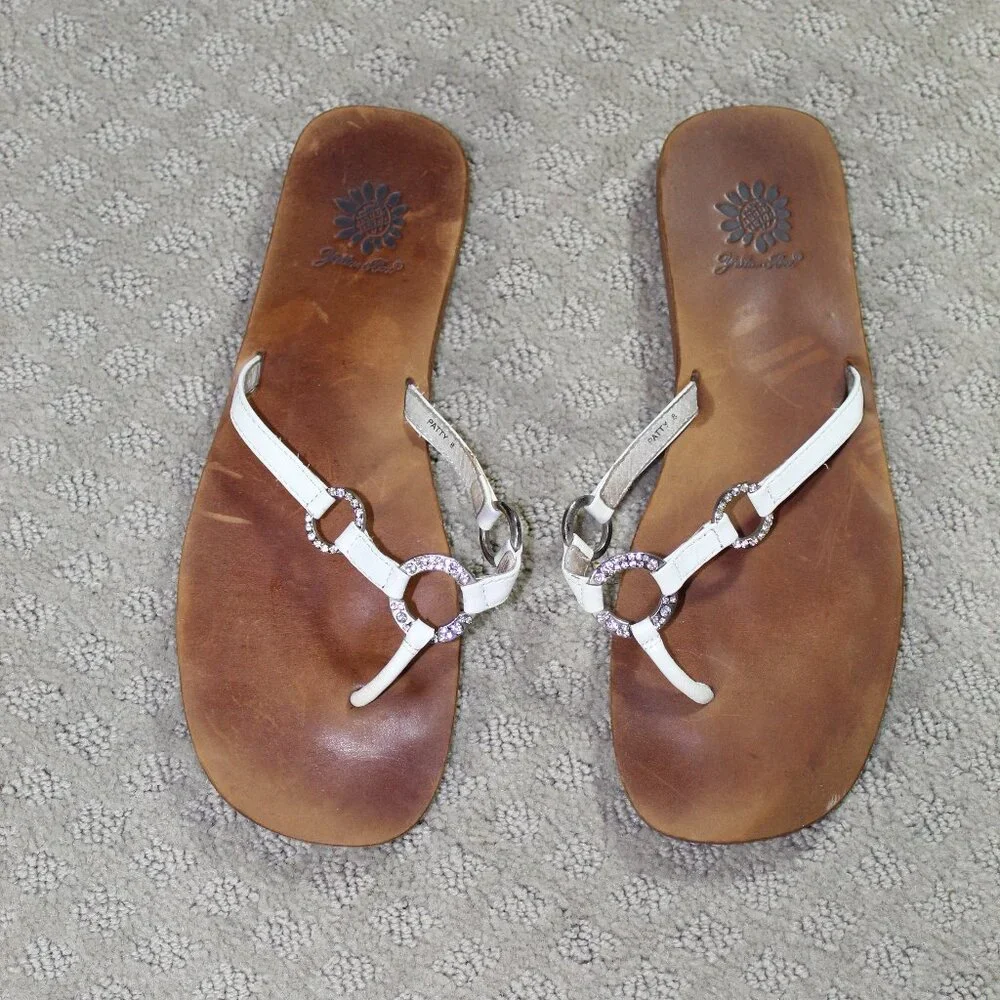 Yellow Box White and Brown T-Strap Sandals with Silver Accents - Picture 2 of 6